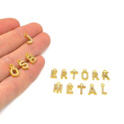 10 mm METAL ZİRKON TAŞLI HARF, KOLYE BİLEKLİK HARFİ, TAKI HARFİ, ALTIN KAPLAMA - ERTÜRK