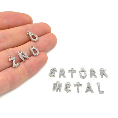 10 mm METAL ZİRKON TAŞLI HARF, KOLYE BİLEKLİK HARFİ, TAKI HARFİ, RODYUM KAPLAMA - 1