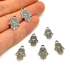 12x19 mm SALLANTI UÇ, HAMSA ELİ DESENLİ, ZAMAK DÖKÜM, BOYALI GÜMÜŞ KAPLAMA - ERTÜRK