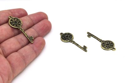 15x42 mm ANAHTAR DESENLİ ZAMAK DÖKÜM, ANTİK SARI RENK - 2