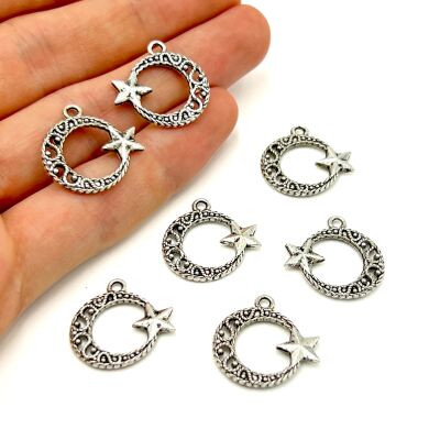 20 mm SALLANTI UÇ, AY YILDIZ DESENLİ, ZAMAK DÖKÜM, BOYALI GÜMÜŞ KAPLAMA - 1