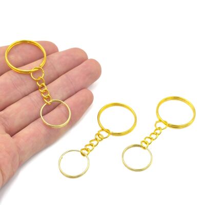 25 mm ZİNCİRLİ ANAHTARLIK HALKASI, 18 MM ÇİFT TURLU HALKA UÇ, SARI KAPLAMA - 1