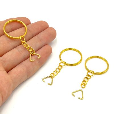 25 mm ZİNCİRLİ ANAHTARLIK HALKASI VE ÜÇGEN(1.2 mm) TAKIM HALİNDE SARI KAPLAMA - 1