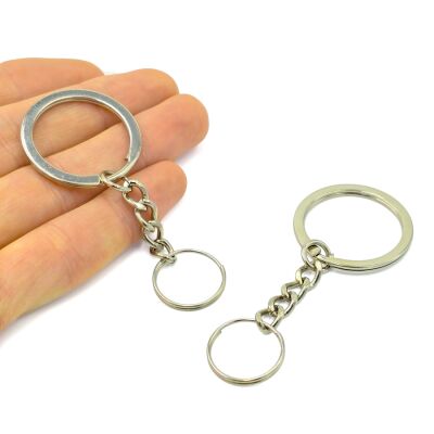 32 mm ZİNCİRLİ ANAHTARLIK HALKASI, 18 MM ÇİFT TURLU HALKA UÇ, NİKEL KAPLAMA - 1
