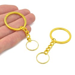32 mm ZİNCİRLİ ANAHTARLIK HALKASI, 18 MM ÇİFT TURLU HALKA UÇ, SARI KAPLAMA - ERTÜRK