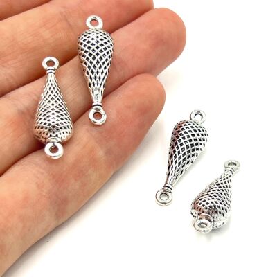 9x28 mm ÇİFT KULPLU TESBİH ARA MALZEMESİ, ZAMAK DÖKÜM, BOYALI GÜMÜŞ KAPLAMA - 1