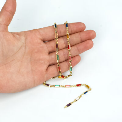 KARIŞIK RENK TAŞLI ZİNCİR, PİRİNÇ MALZEME, ALTIN KAPLAMA - 1