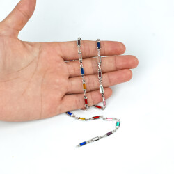 KARIŞIK RENK TAŞLI ZİNCİR, PİRİNÇ MALZEME, RODYUM KAPLAMA - ERTÜRK