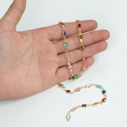 KARIŞIK RENK TAŞLI ZİNCİR, PİRİNÇ MALZEME, ALTIN KAPLAMA - ERTÜRK