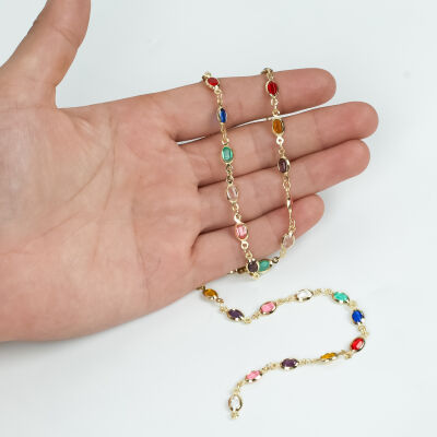 KARIŞIK RENK TAŞLI ZİNCİR, PİRİNÇ MALZEME, ALTIN KAPLAMA - 1