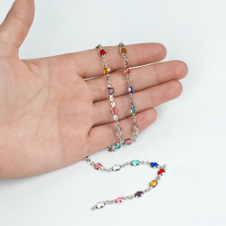 KARIŞIK RENK TAŞLI ZİNCİR, PİRİNÇ MALZEME, RODYUM KAPLAMA - ERTÜRK