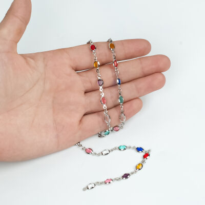 KARIŞIK RENK TAŞLI ZİNCİR, PİRİNÇ MALZEME, RODYUM KAPLAMA - 1