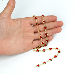 KIRMIZI TAŞLI ZİNCİR, PİRİNÇ MALZEME, ALTIN KAPLAMA - ERTÜRK