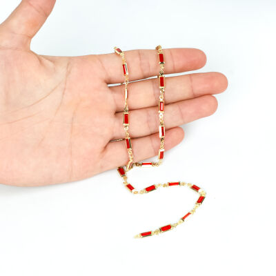 KIRMIZI TAŞLI ZİNCİR, PİRİNÇ MALZEME, ALTIN KAPLAMA - 1