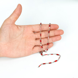 KIRMIZI TAŞLI ZİNCİR, PİRİNÇ MALZEME, RODYUM KAPLAMA - ERTÜRK