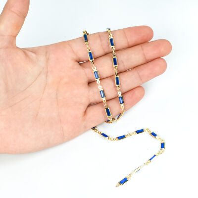 MAVİ TAŞLI ZİNCİR, PİRİNÇ MALZEME, ALTIN KAPLAMA - 1