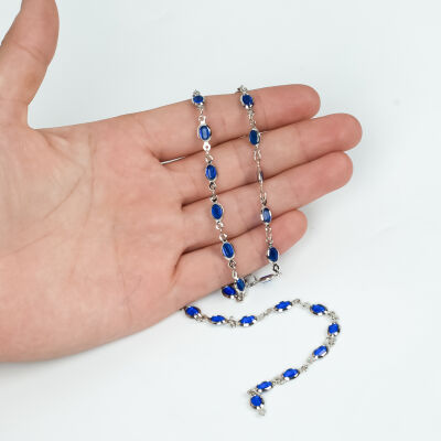 MAVİ TAŞLI ZİNCİR, PİRİNÇ MALZEME, RODYUM KAPLAMA - 1