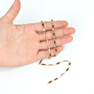 MOR TAŞLI ZİNCİR, PİRİNÇ MALZEME, ALTIN KAPLAMA - 1