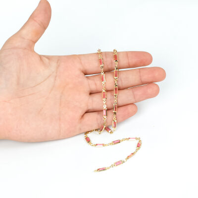 PEMBE TAŞLI ZİNCİR, PİRİNÇ MALZEME, ALTIN KAPLAMA - 1