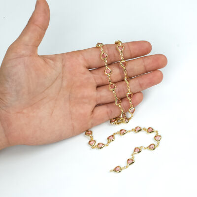 PEMBE TAŞLI ZİNCİR, PİRİNÇ MALZEME, ALTIN KAPLAMA - 1