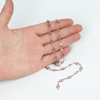 PEMBE TAŞLI ZİNCİR, PİRİNÇ MALZEME, RODYUM KAPLAMA - 1