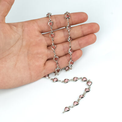 PEMBE TAŞLI ZİNCİR, PİRİNÇ MALZEME, RODYUM KAPLAMA - 1