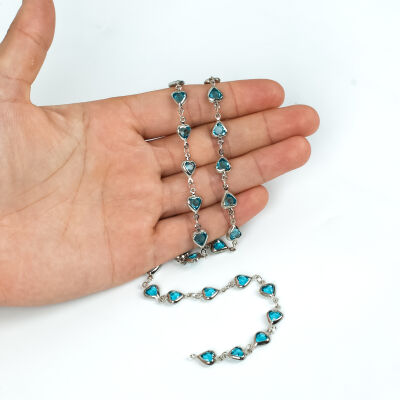 TURKUAZ TAŞLI ZİNCİR, PİRİNÇ MALZEME, RODYUM KAPLAMA - 1