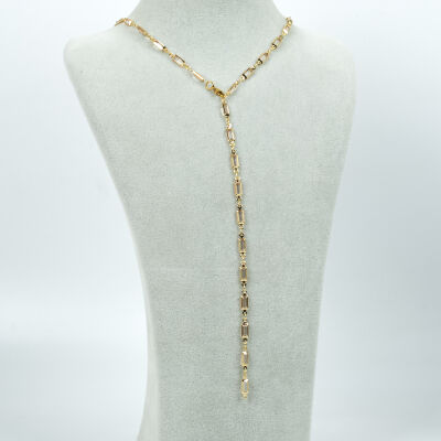 Y KOLYE, BEYAZ TAŞLI DİKDÖRTGEN MODEL ZİNCİR, PİRİNÇ MALZEME, ALTIN KAPLAMA - 2