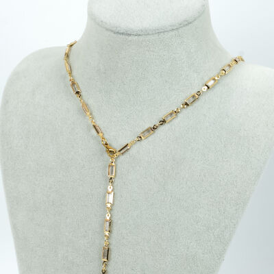 Y KOLYE, BEYAZ TAŞLI DİKDÖRTGEN MODEL ZİNCİR, PİRİNÇ MALZEME, ALTIN KAPLAMA - 1