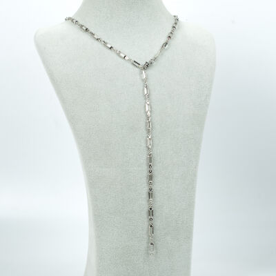 Y KOLYE, BEYAZ TAŞLI DİKDÖRTGEN MODEL ZİNCİR, PİRİNÇ MALZEME, RODYUM KAPLAMA - 2