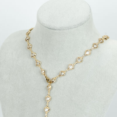 Y KOLYE, BEYAZ TAŞLI KALP MODEL ZİNCİR, PİRİNÇ MALZEME, ALTIN KAPLAMA - 1