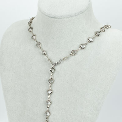 Y KOLYE, BEYAZ TAŞLI KALP MODEL ZİNCİR, PİRİNÇ MALZEME, RODYUM KAPLAMA - 1