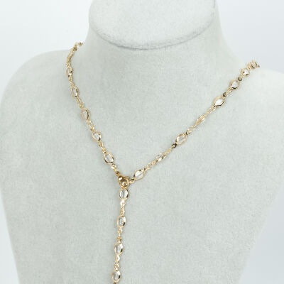 Y KOLYE, BEYAZ TAŞLI OVAL MODEL ZİNCİR, PİRİNÇ MALZEME, ALTIN KAPLAMA - 1