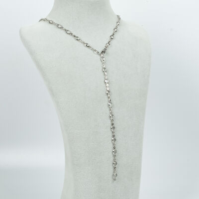 Y KOLYE, BEYAZ TAŞLI OVAL MODEL ZİNCİR, PİRİNÇ MALZEME, RODYUM KAPLAMA - 2