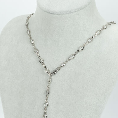 Y KOLYE, BEYAZ TAŞLI OVAL MODEL ZİNCİR, PİRİNÇ MALZEME, RODYUM KAPLAMA - 1