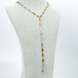 Y KOLYE, KARIŞIK RENK TAŞLI DİKDÖRTGEN MODEL ZİNCİR, PİRİNÇ MALZEME, ALTIN KAPLAMA - 2