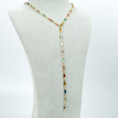 Y KOLYE, KARIŞIK RENK TAŞLI DİKDÖRTGEN MODEL ZİNCİR, PİRİNÇ MALZEME, ALTIN KAPLAMA - 2