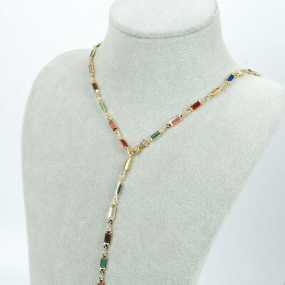 Y KOLYE, KARIŞIK RENK TAŞLI DİKDÖRTGEN MODEL ZİNCİR, PİRİNÇ MALZEME, ALTIN KAPLAMA - 1