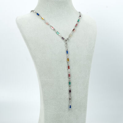 Y KOLYE, KARIŞIK RENK TAŞLI DİKDÖRTGEN MODEL ZİNCİR, PİRİNÇ MALZEME, RODYUM KAPLAMA - 2