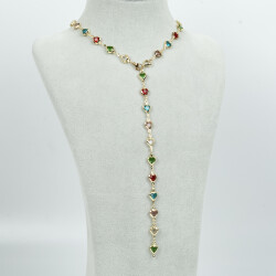 Y KOLYE, KARIŞIK RENK TAŞLI KALP MODEL ZİNCİR, PİRİNÇ MALZEME, ALTIN KAPLAMA - 2