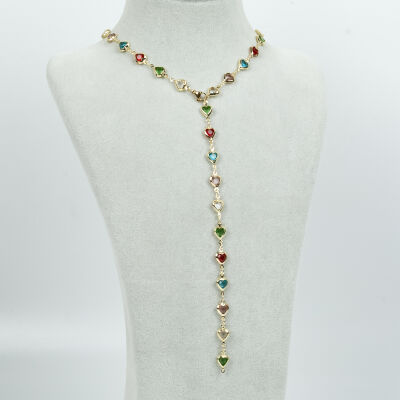 Y KOLYE, KARIŞIK RENK TAŞLI KALP MODEL ZİNCİR, PİRİNÇ MALZEME, ALTIN KAPLAMA - 2