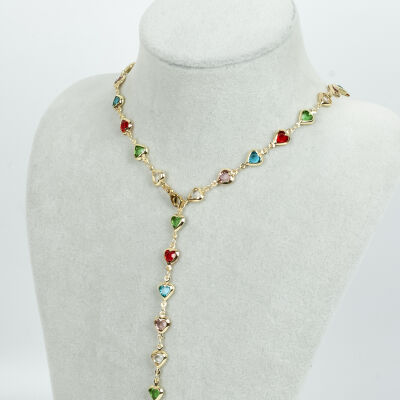 Y KOLYE, KARIŞIK RENK TAŞLI KALP MODEL ZİNCİR, PİRİNÇ MALZEME, ALTIN KAPLAMA - 1