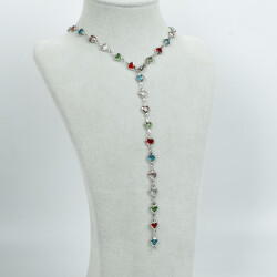 Y KOLYE, KARIŞIK RENK TAŞLI KALP MODEL ZİNCİR, PİRİNÇ MALZEME, RODYUM KAPLAMA - 2