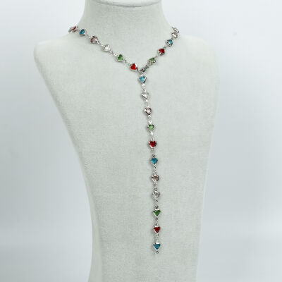 Y KOLYE, KARIŞIK RENK TAŞLI KALP MODEL ZİNCİR, PİRİNÇ MALZEME, RODYUM KAPLAMA - 2