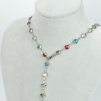 Y KOLYE, KARIŞIK RENK TAŞLI KALP MODEL ZİNCİR, PİRİNÇ MALZEME, RODYUM KAPLAMA - 1