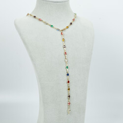 Y KOLYE, KARIŞIK RENK TAŞLI OVAL MODEL ZİNCİR, PİRİNÇ MALZEME, ALTIN KAPLAMA - 2