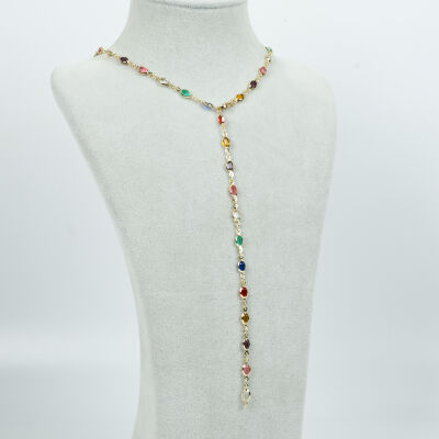 Y KOLYE, KARIŞIK RENK TAŞLI OVAL MODEL ZİNCİR, PİRİNÇ MALZEME, ALTIN KAPLAMA - 2