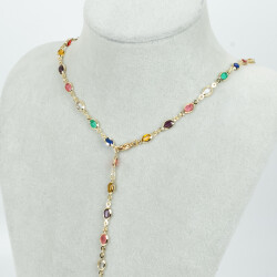 Y KOLYE, KARIŞIK RENK TAŞLI OVAL MODEL ZİNCİR, PİRİNÇ MALZEME, ALTIN KAPLAMA - ERTÜRK