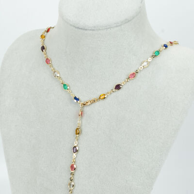 Y KOLYE, KARIŞIK RENK TAŞLI OVAL MODEL ZİNCİR, PİRİNÇ MALZEME, ALTIN KAPLAMA - 1