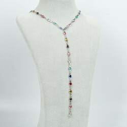 Y KOLYE, KARIŞIK RENK TAŞLI OVAL MODEL ZİNCİR, PİRİNÇ MALZEME, RODYUM KAPLAMA - 2